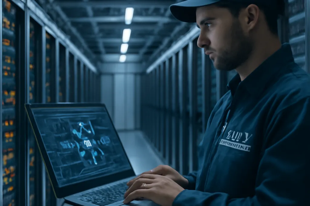 IT technician monitoring server infrastructure in a data center corridor