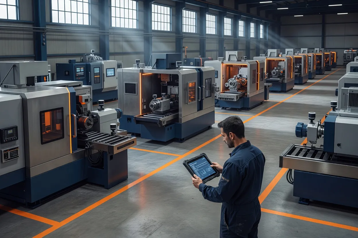 Plant technician reviewing predictive maintenance alerts on a rugged tablet on the factory floor