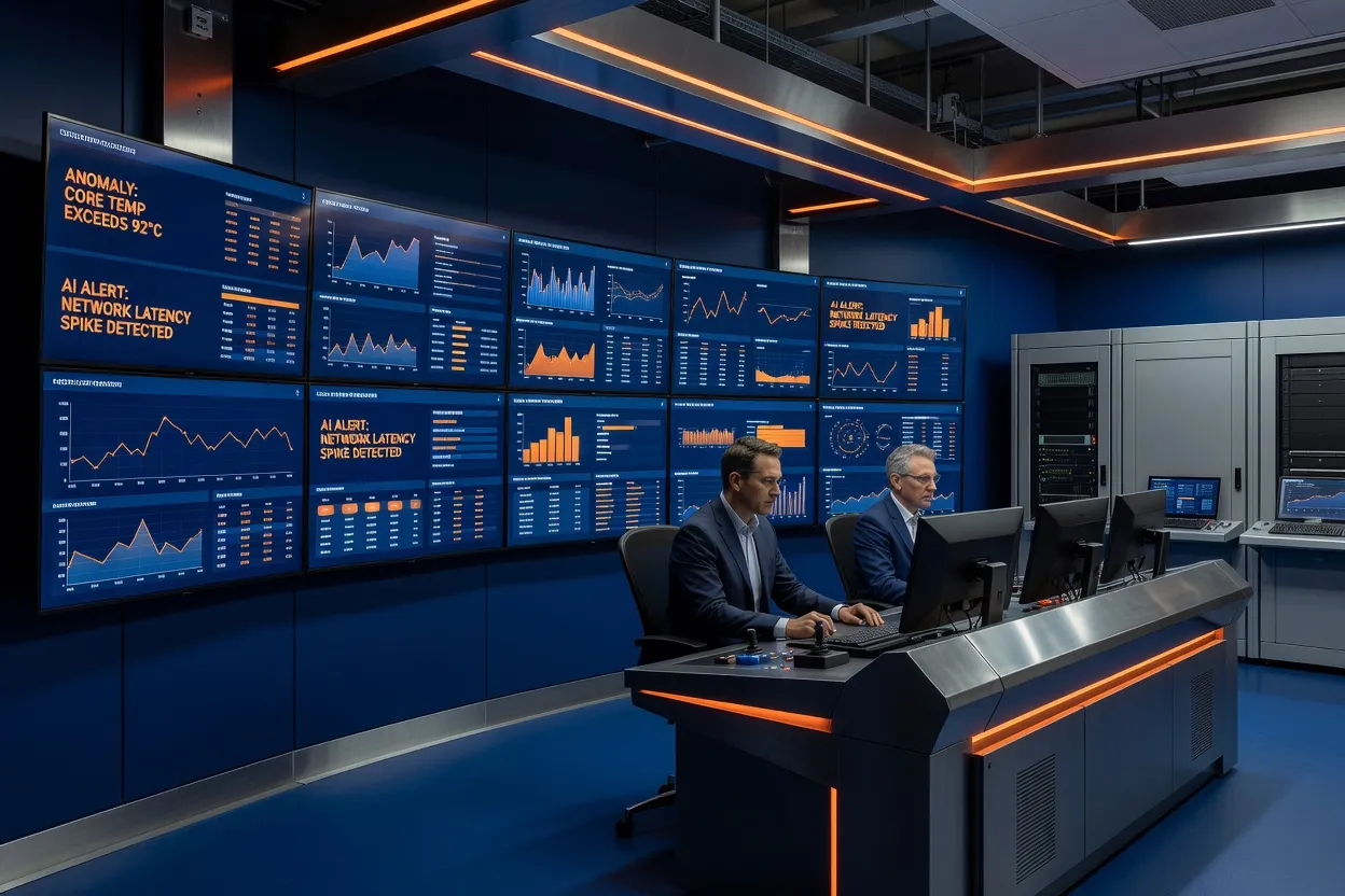 Reliability engineers monitoring predictive maintenance dashboards in a plant control room