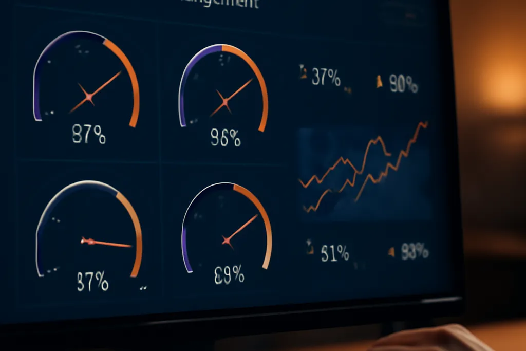 Close-up of a KPI dashboard showing OEE and MTBF performance gauges