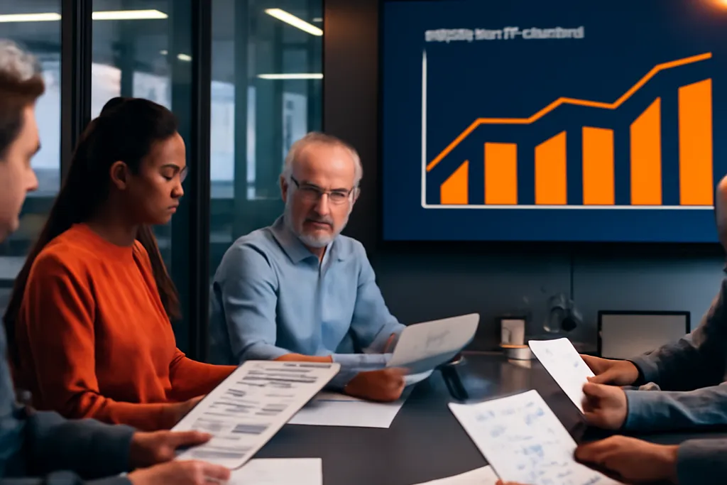Maintenance managers reviewing KPI cost trend reports in a meeting room