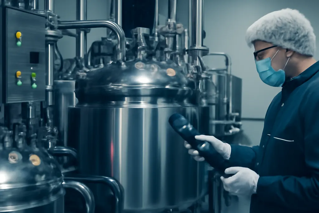 Pharmaceutical technician recording validation readings on production equipment