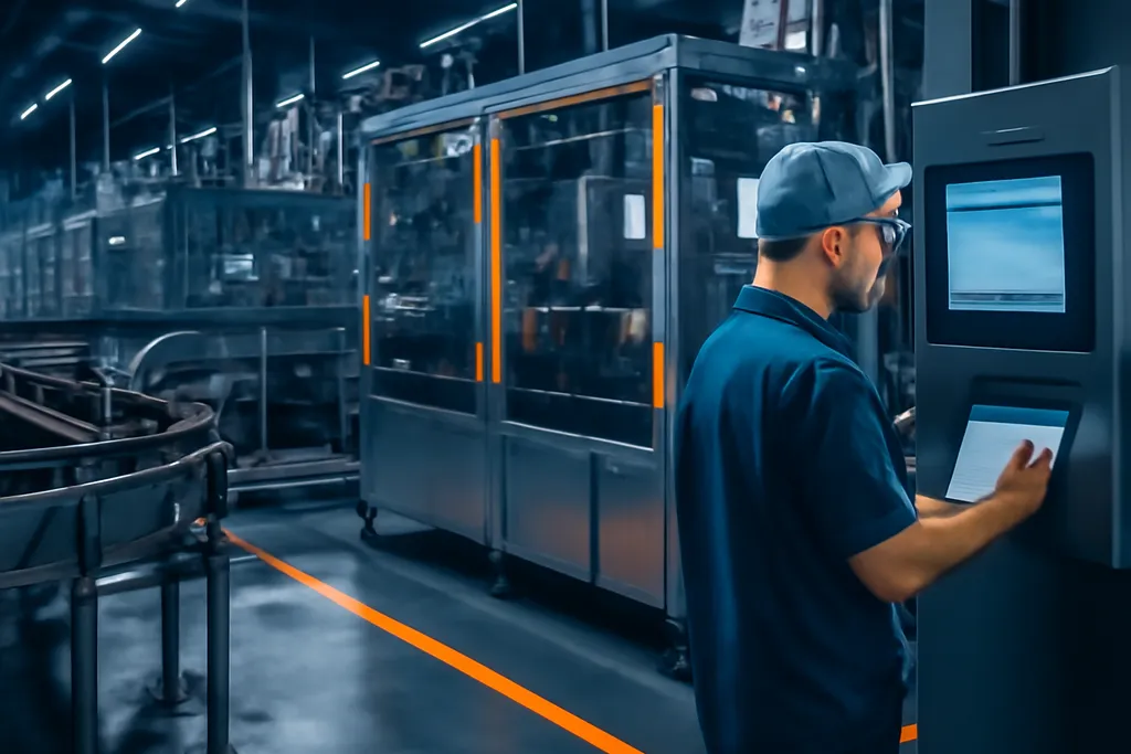 Auditor reviewing compliance and validation records on a manufacturing floor