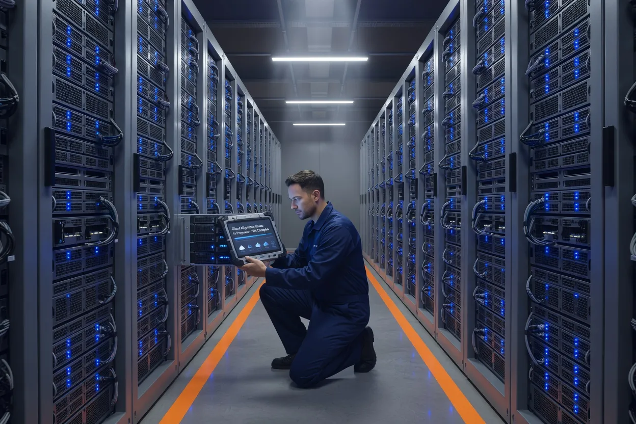 Technician decommissioning on-premise servers during a MAS cloud migration