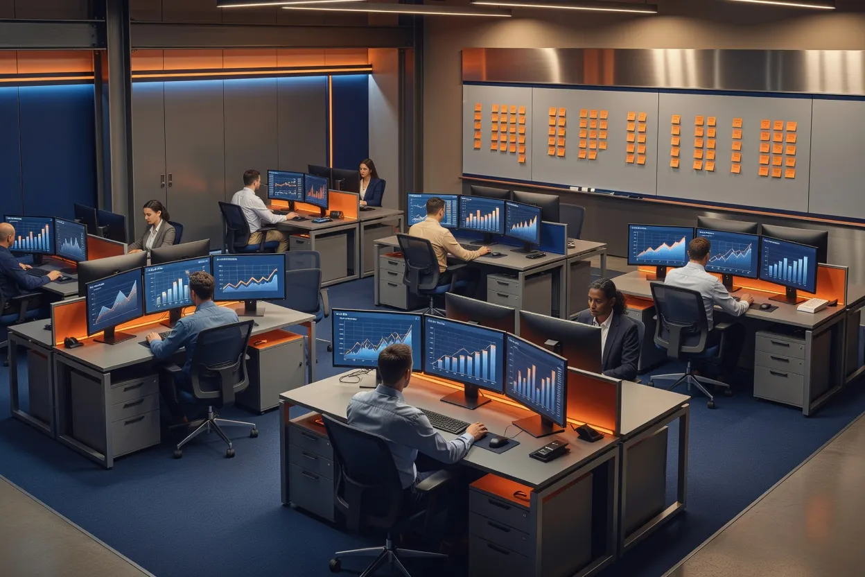 Finance and IT team reviewing MAS cloud TCO models on dashboard monitors