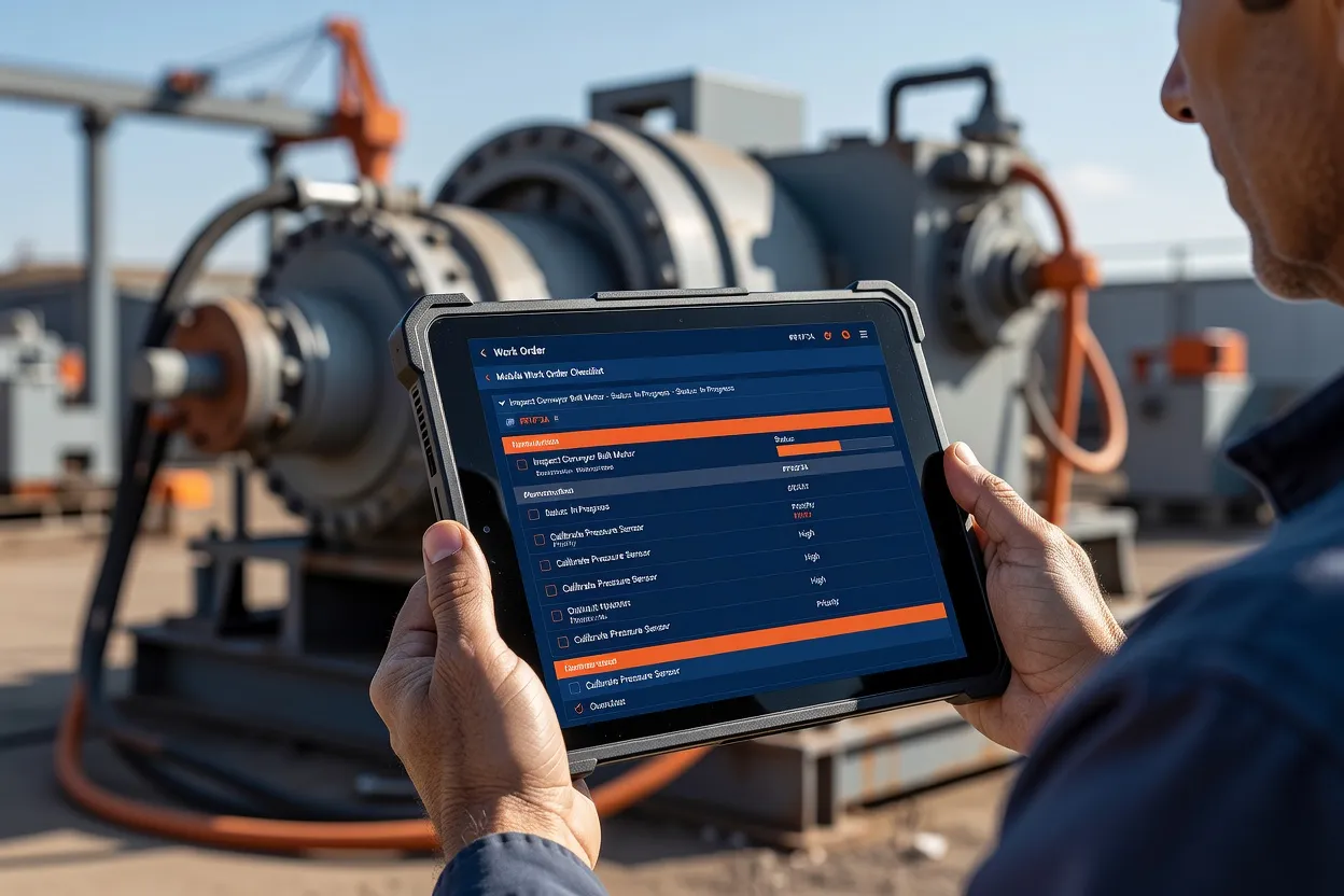 Field technician reviewing a mobile work order checklist on a rugged tablet near industrial equipment
