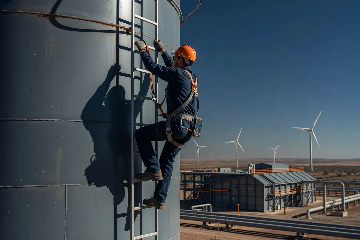 Technician climbing a ladder on remote industrial equipment with a mobile device secured to a safety harness