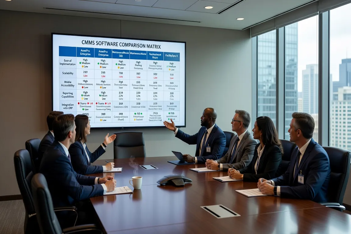 CMMS software comparison matrix displayed on large monitor in enterprise boardroom, professional business setting