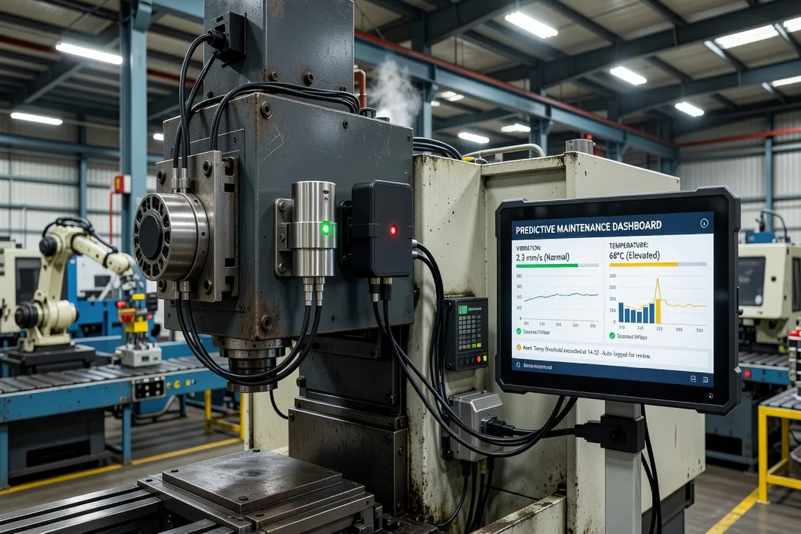Industrial IoT sensors monitoring vibration and temperature on manufacturing equipment, predictive maintenance dashboard