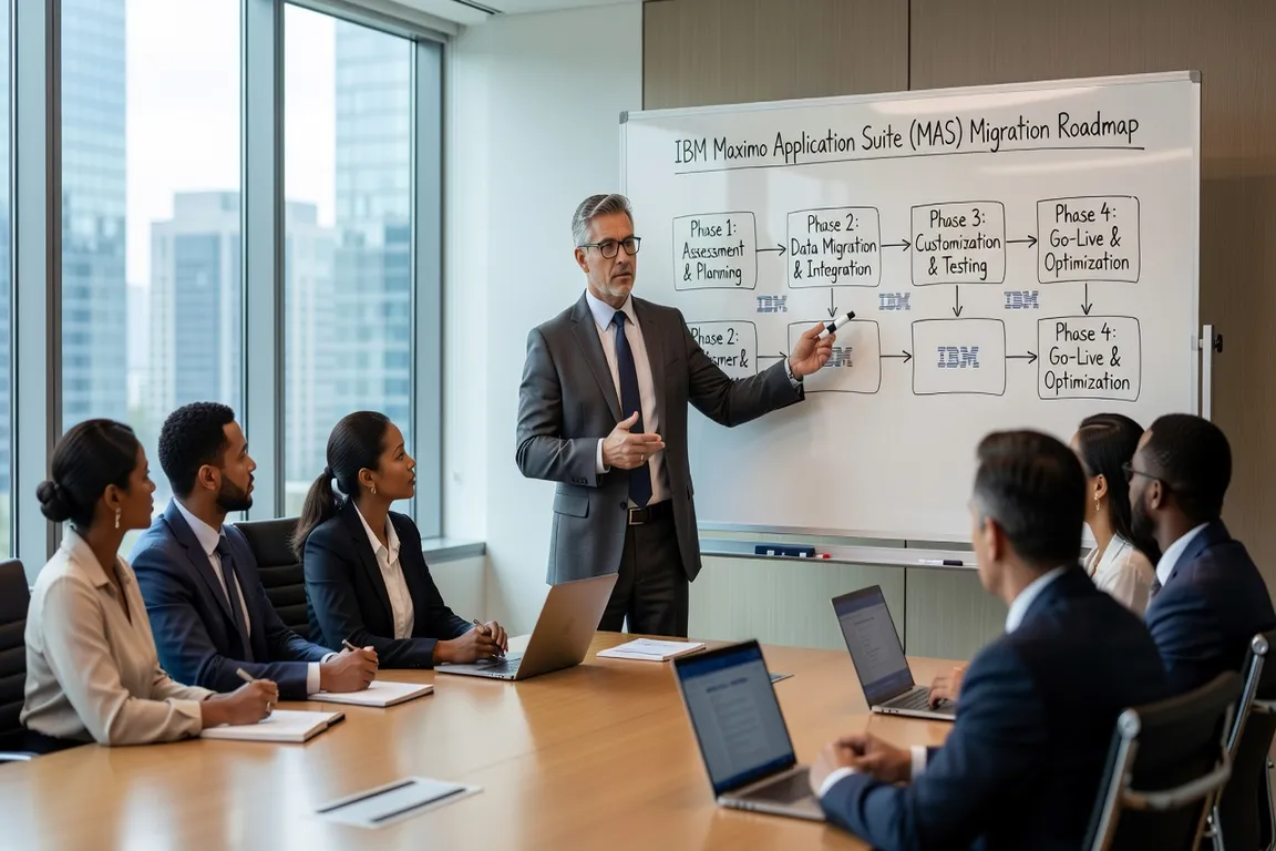 IBM Maximo consultant presenting MAS migration roadmap on whiteboard in enterprise conference room