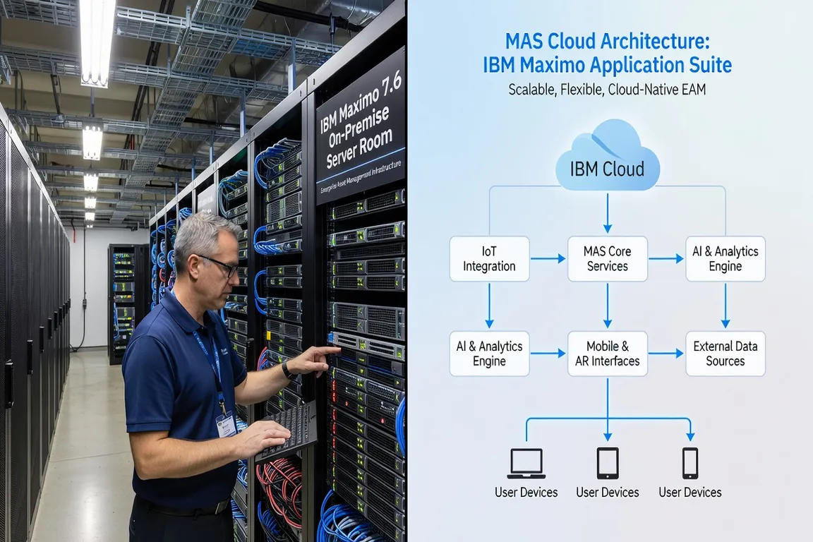 Split screen comparison IBM Maximo 7.6 on-premise server room vs MAS cloud architecture diagram