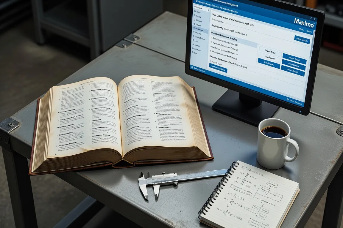 Open industrial engineering dictionary on desk with Maximo interface on screen, professional, photorealistic