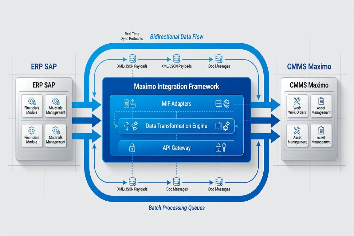 Maximo integration framework diagram showing bidirectional data flow between ERP SAP and CMMS systems, technical architecture, blue professional
