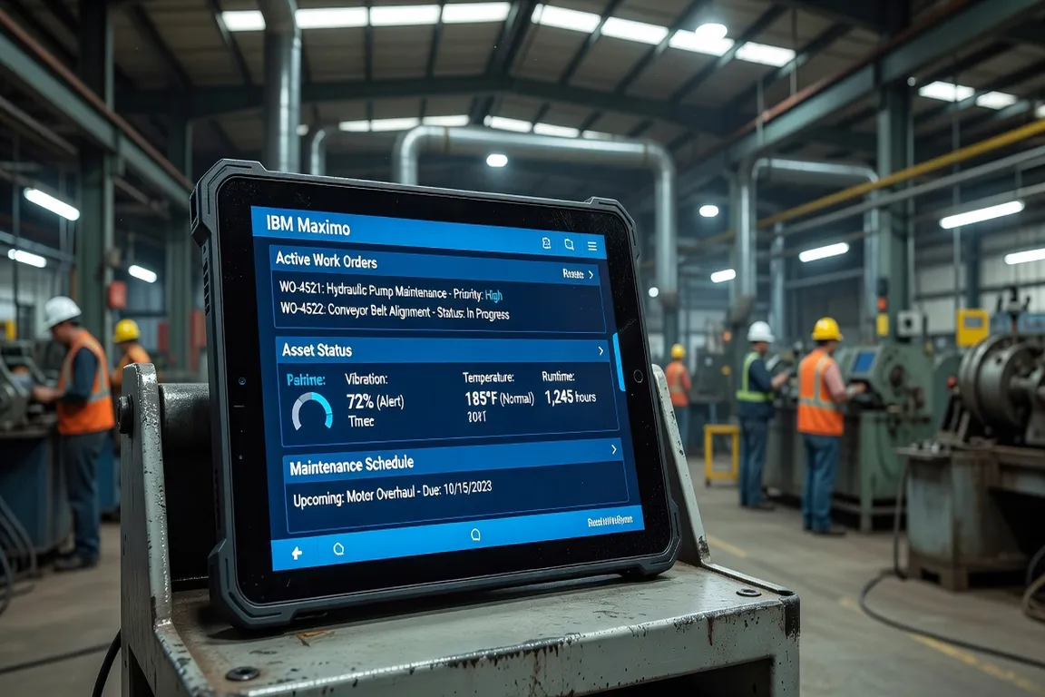 IBM Maximo work order dashboard on industrial tablet, enterprise maintenance management