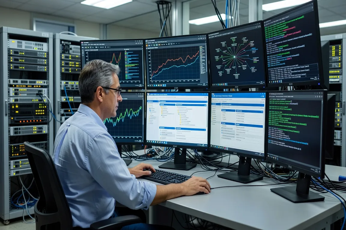 Maximo system administrator configuring settings on multiple monitors, enterprise IT environment, photorealistic