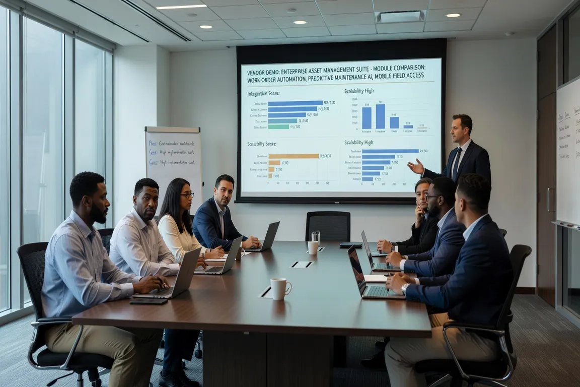 Enterprise maintenance software selection process, IT team evaluating vendor demos, professional conference room