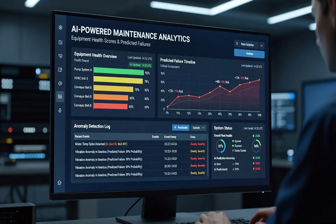 AI-powered maintenance analytics dashboard showing equipment health scores and predicted failures, professional interface