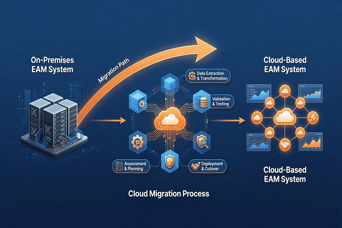 Cloud migration journey diagram for enterprise EAM system, abstract technical concept, blue tones