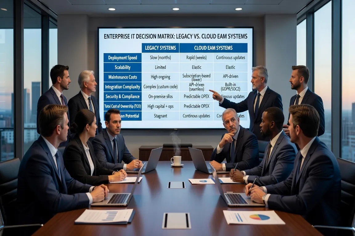Enterprise IT decision matrix comparing legacy vs cloud EAM systems, business meeting, professional