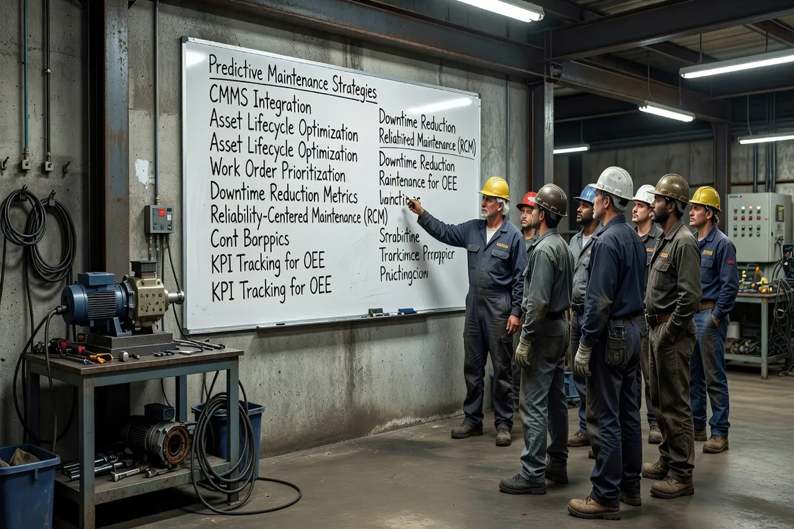 Maintenance team huddle with EAM terminology on whiteboard, industrial training setting, photorealistic