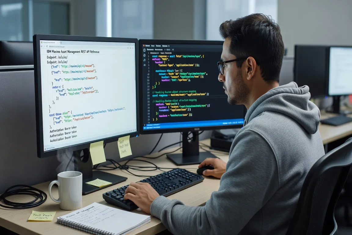 Developer working with REST API documentation for IBM Maximo integration, dual monitor setup, code environment