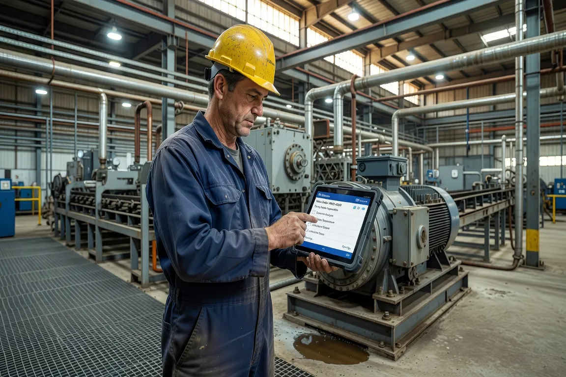 Maintenance technician with tablet completing work order inspection in industrial plant
