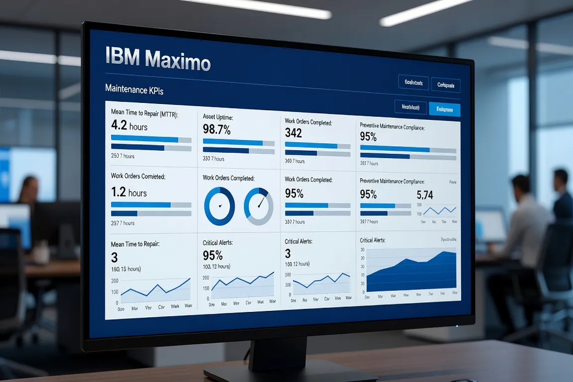 IBM Maximo dashboard with key performance indicators, maintenance KPIs, professional blue interface, photorealistic